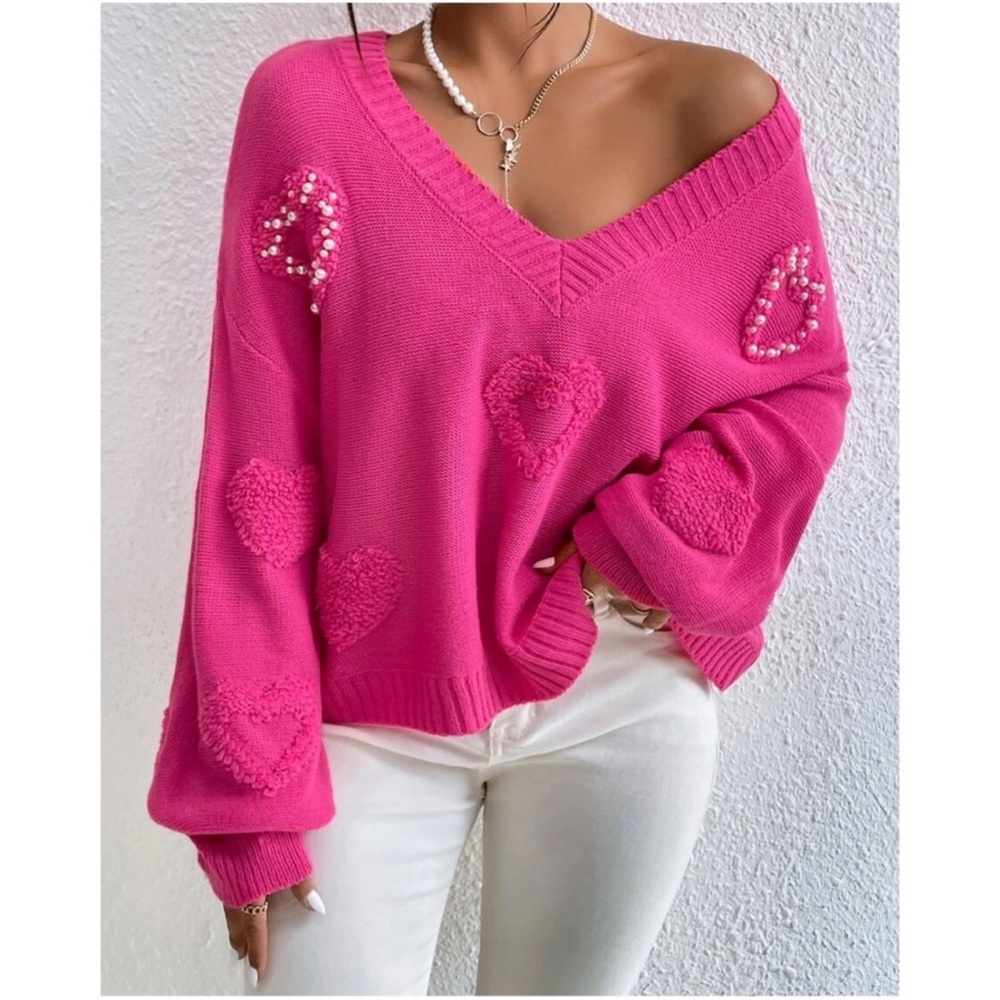 Cozy Heart V Neck Vday Oversized Sweater Top S M L